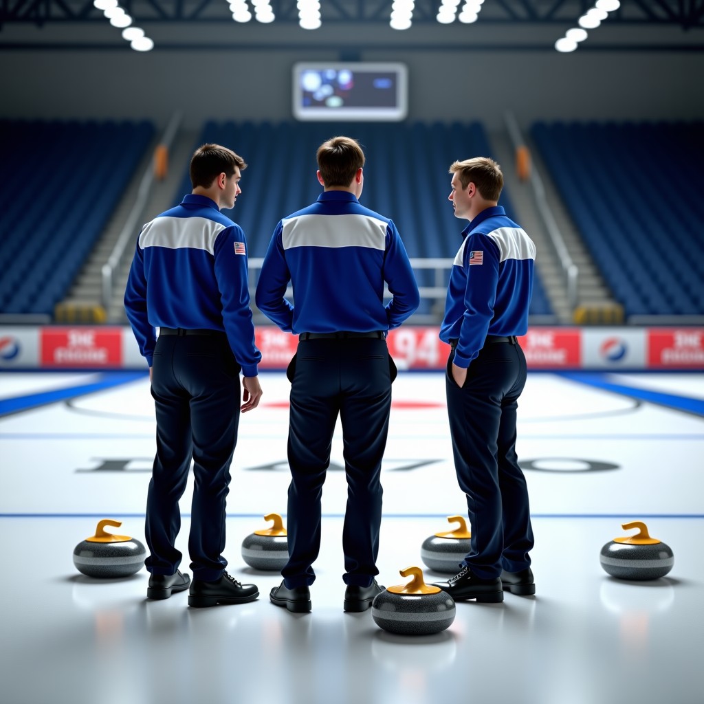 Professional curling players in team uniforms standing on the ice and discussing strategy while looking at the house. Natural lighting in a modern sports arena. 4:3