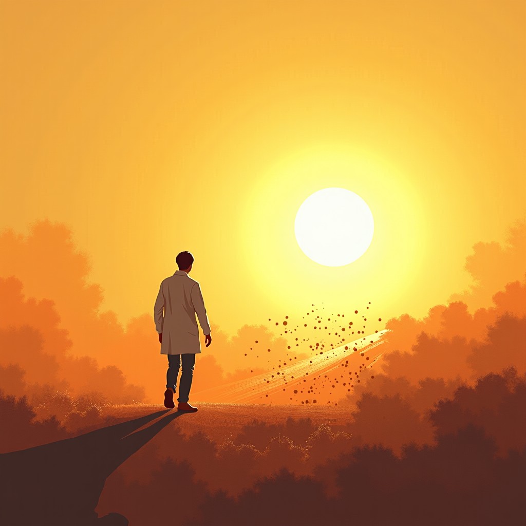 A solitary figure of a scientist walking towards a bright horizon, dust particles dancing in the light, textured background with a sense of peace and closure, artistic illustration 4:3
