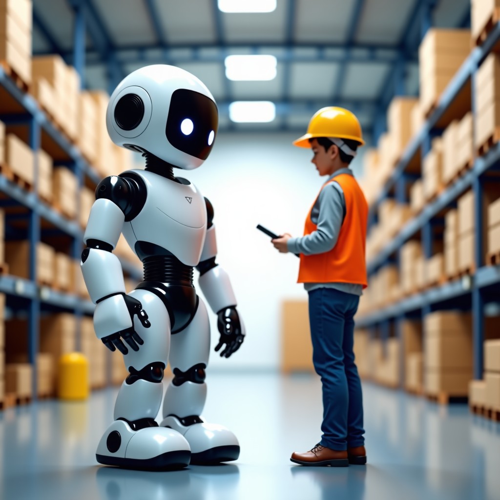 A wide angle shot of a sleek white humanoid robot standing next to a human worker in a bright high tech logistics center with a friendly atmosphere 4:3