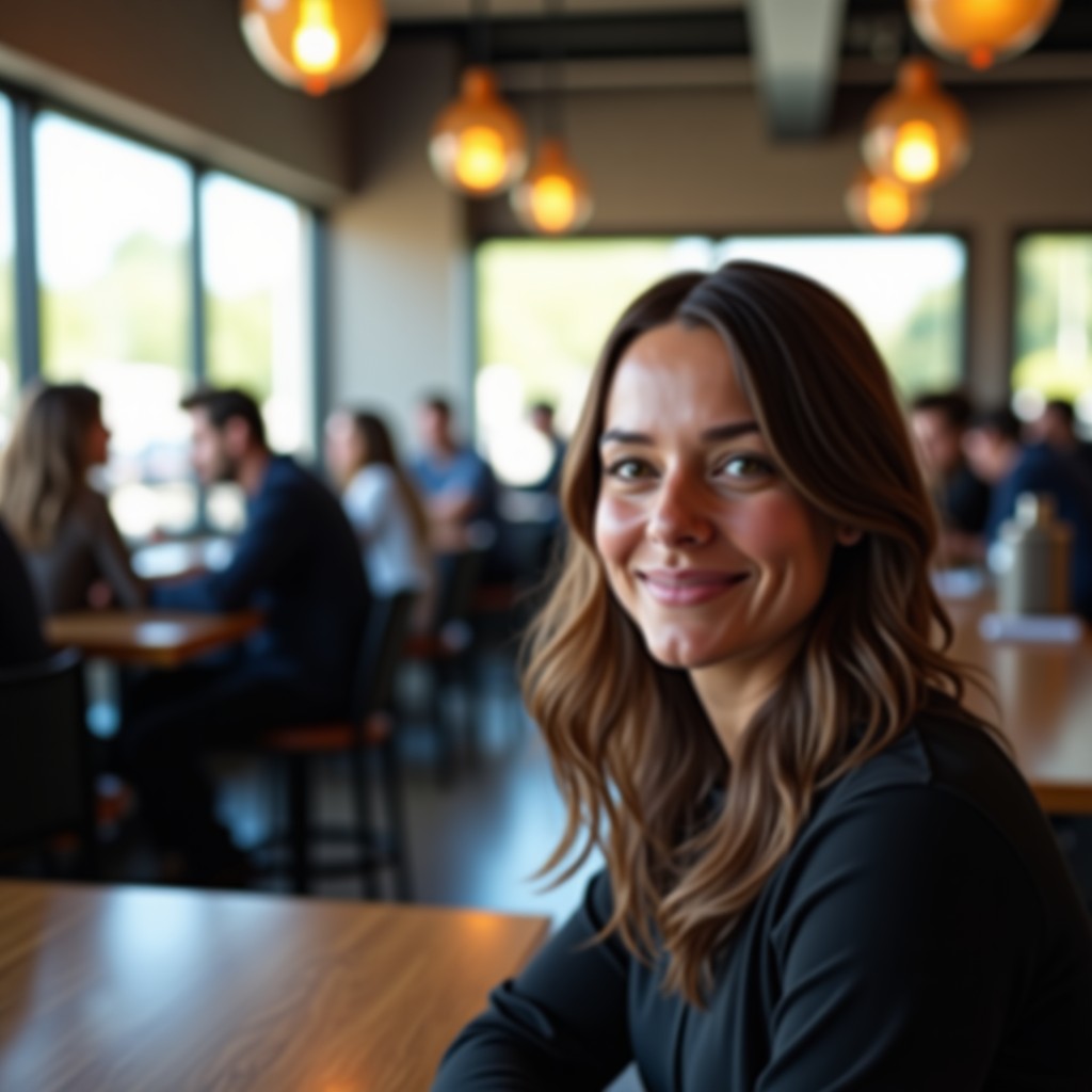 A realistic scene in a busy cafe or office. Many people are moving and talking in the background with a slight motion blur. In the foreground, one person sits calmly with a soft smile, looking centered and undisturbed. 4:3