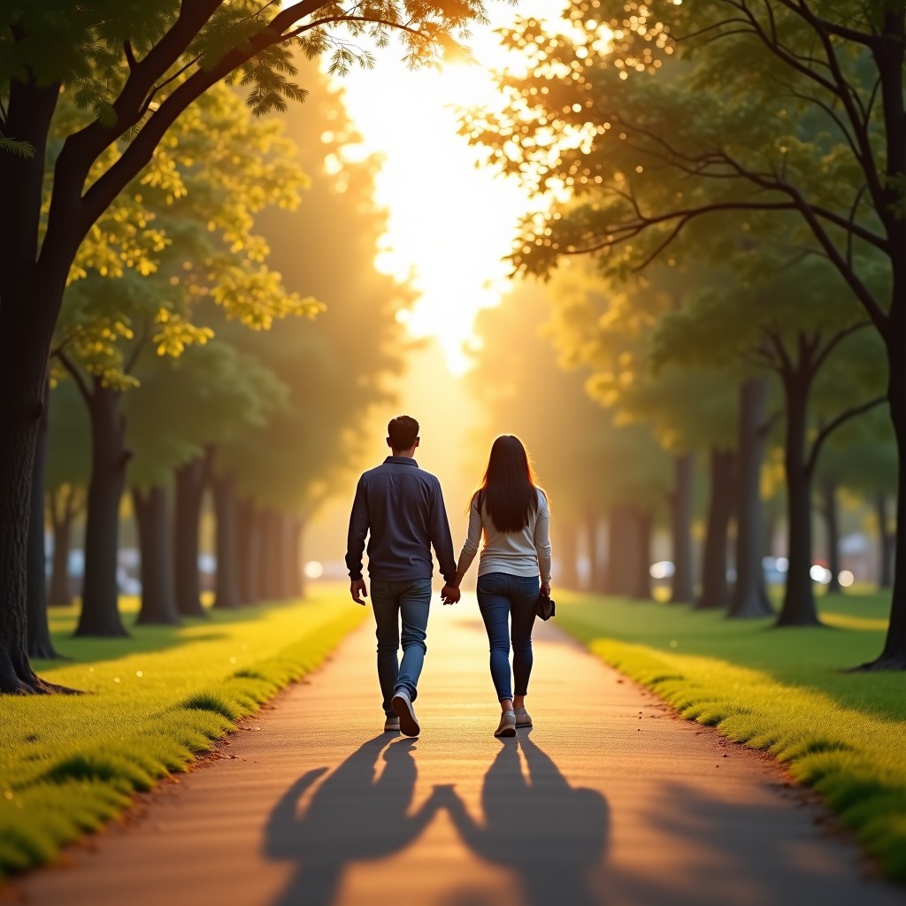 People walking in a park with comfortable distance between them, natural lighting, symbolic representation of healthy boundaries in relationships, 4:3