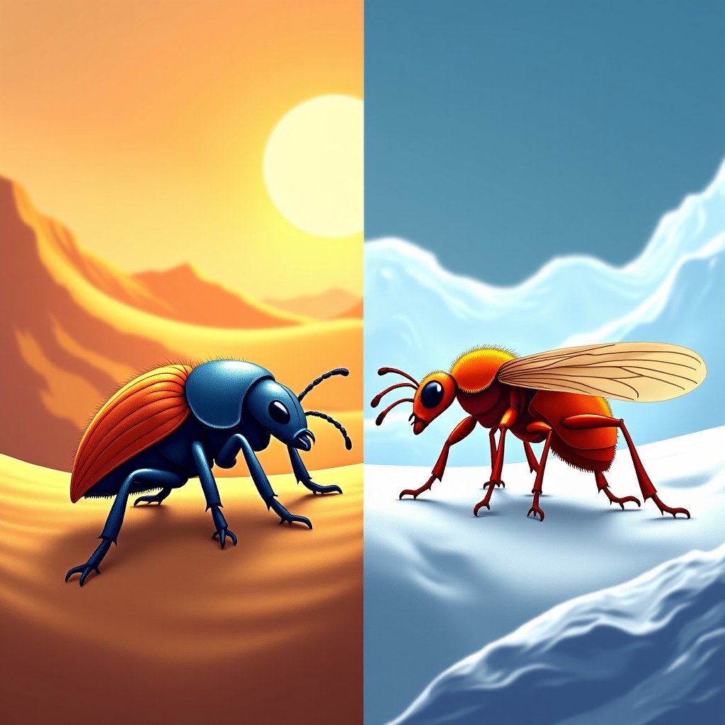 A split-screen illustration showing a resilient beetle navigating hot desert sands on one side and a specialized insect surviving in a snowy arctic environment on the other side. Artistic rendering with textured backgrounds, emphasizing extreme adaptability. 1:1