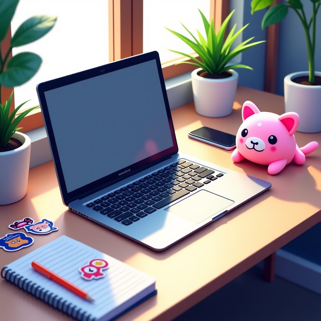 A modern office desk with a laptop, a notebook, and various pink axolotl character goods like a small plush and stickers. Bright and clean setup, creative professional environment. 4:3