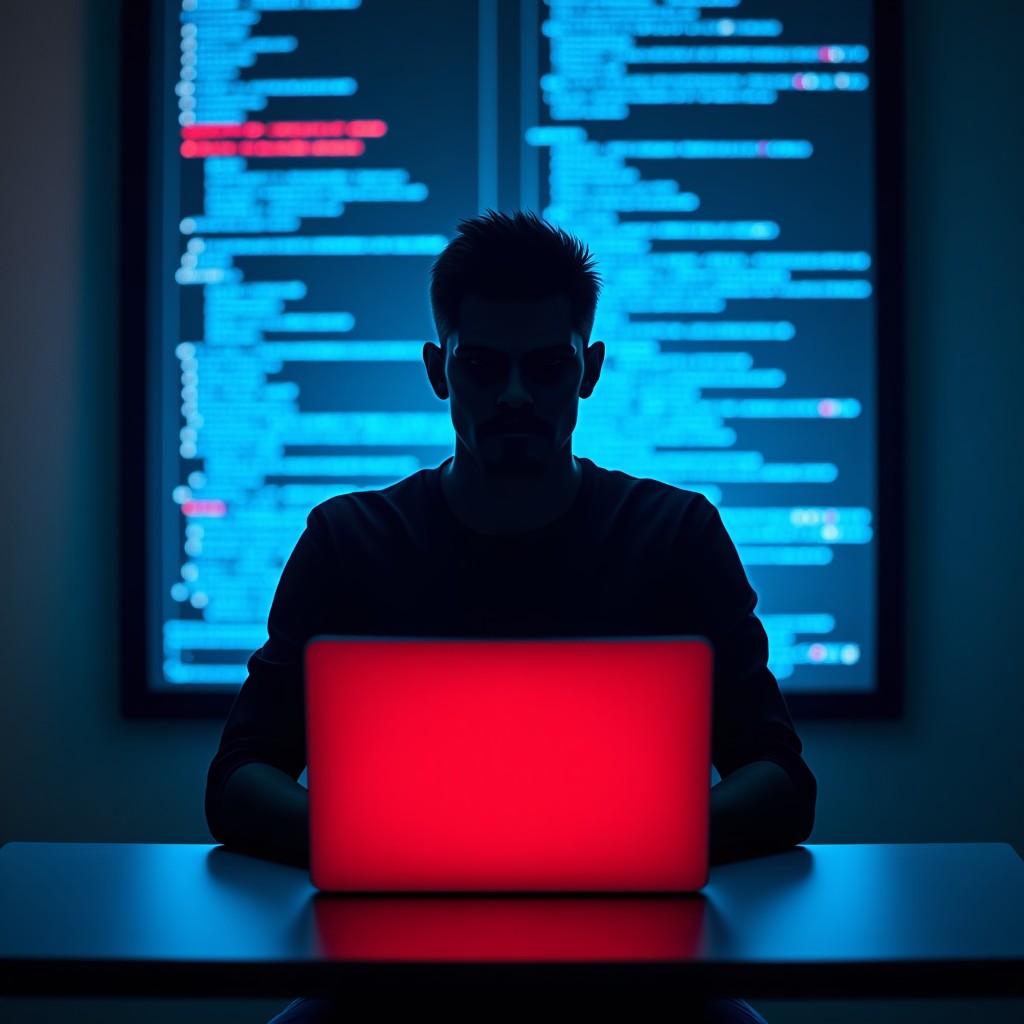 A professional cyber security concept image showing a digital silhouette of a hacker in front of a laptop with complex code flowing in the background. High contrast, blue and red neon lighting, modern tech atmosphere, 4:3