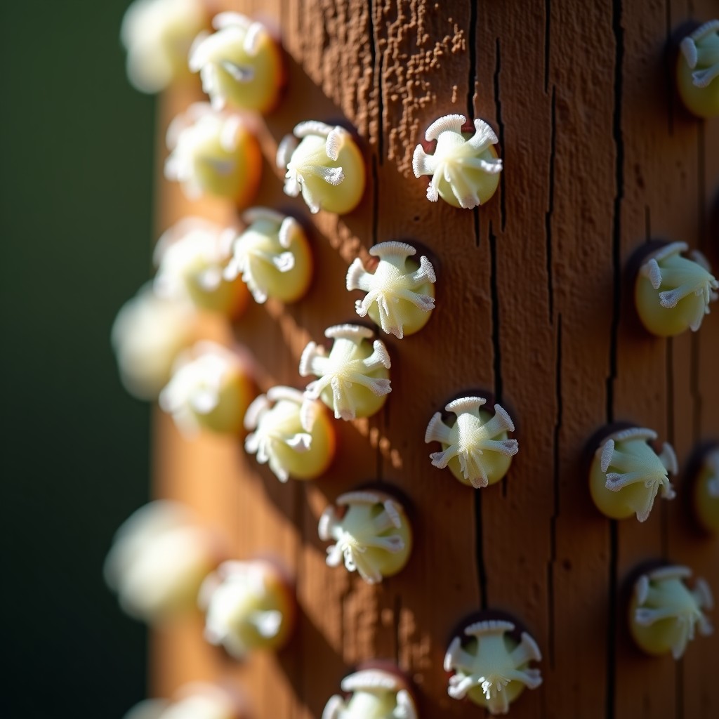 Close up macro shot of small white delicate structures resembling Udumbara flowers or insect eggs on an old wooden temple pillar with soft natural lighting. 4:3