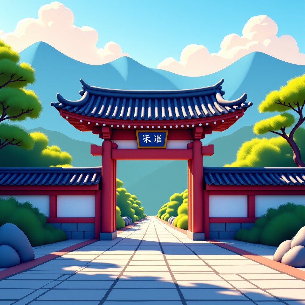 A beautiful traditional Korean temple gate during a clear day, detailed architecture, serene mountains in the background, high contrast, vibrant colors, 1:1