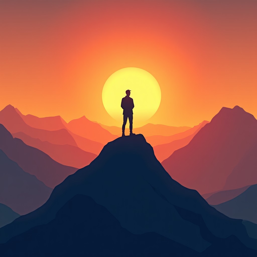 A person standing on a mountain peak looking at a sunrise, symbolizing long-term investment success, textured background, 4:3