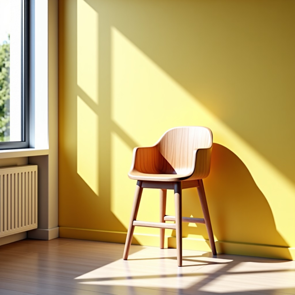 A premium wooden high chair in soft lemon yellow color placed in a bright modern dining room, minimalist interior design, sunlight streaming through a window, 1:1