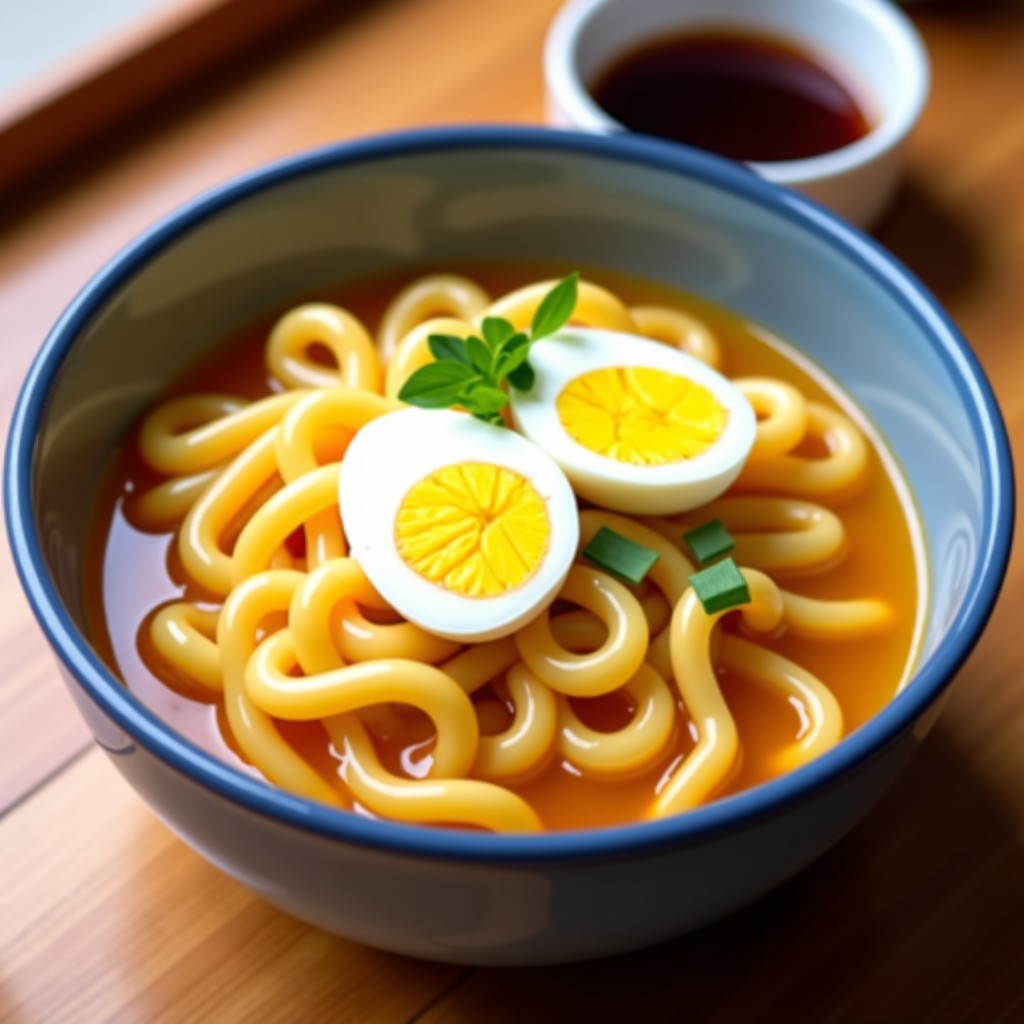 A delicious bowl of Rappok-guri topped with a perfectly boiled egg cut in half. A few green onions are sprinkled on top. Setting includes a wooden table and a simple beverage on the side. 4:3