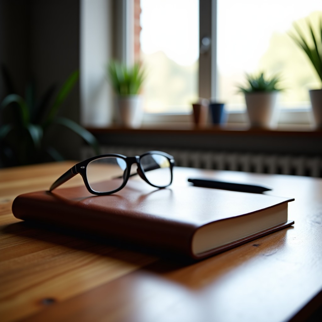 A clean wooden desk with a leather-bound journal, a pair of glasses, and a pen, soft natural light coming from a nearby window, professional and academic setting, high contrast, 1:1