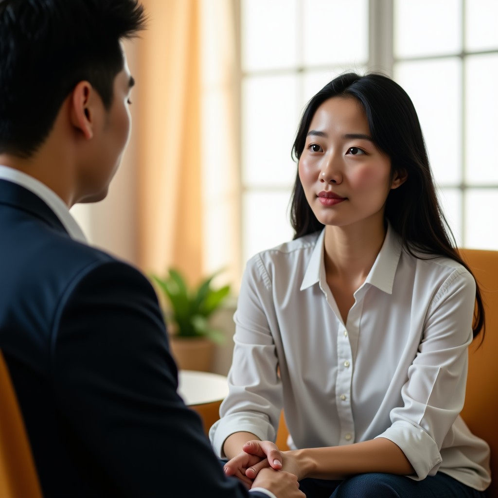 A realistic photography of a professional counseling session. A calm therapist and a person are talking in a warm, comfortable office with soft lighting. Natural expressions, respectful atmosphere. Korean appearance for both people. No text. 4:3