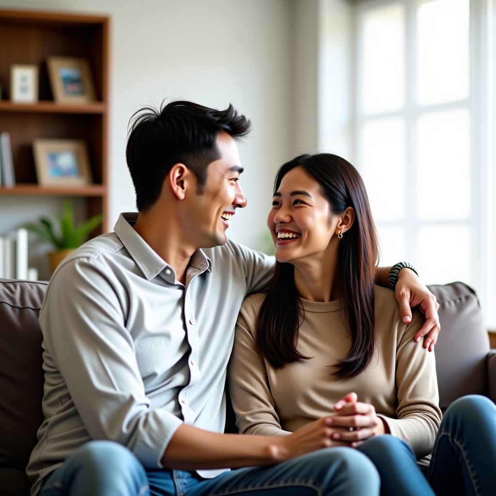 A happy Korean couple in their 40s talking and smiling together in a brightly lit living room, comfortable casual clothes, authentic and warm atmosphere, high resolution photography. 1:1