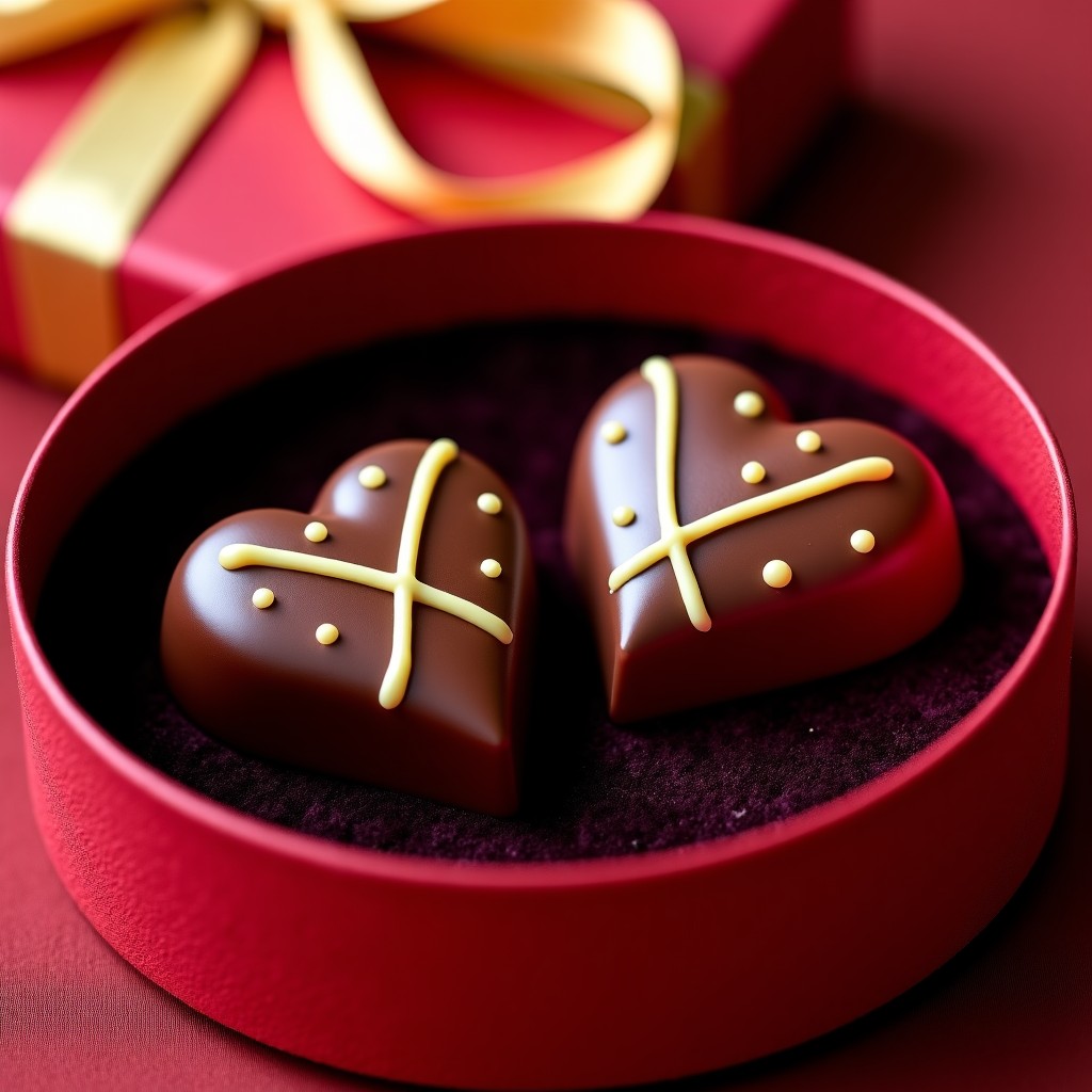 Extreme close-up of two elegantly decorated chocolates shaped like hearts, resting on a velvet cushion inside a luxury gift box, gold foil accents, professional food photography, 4:3