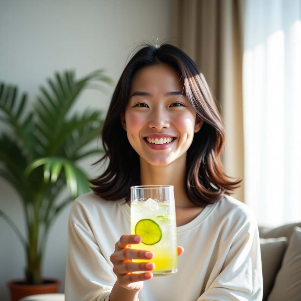 A young Korean woman in a bright, modern living room holding a glass of sparkling water with lime, looking refreshed and happy, natural sunlight, lifestyle photography, 4:3.