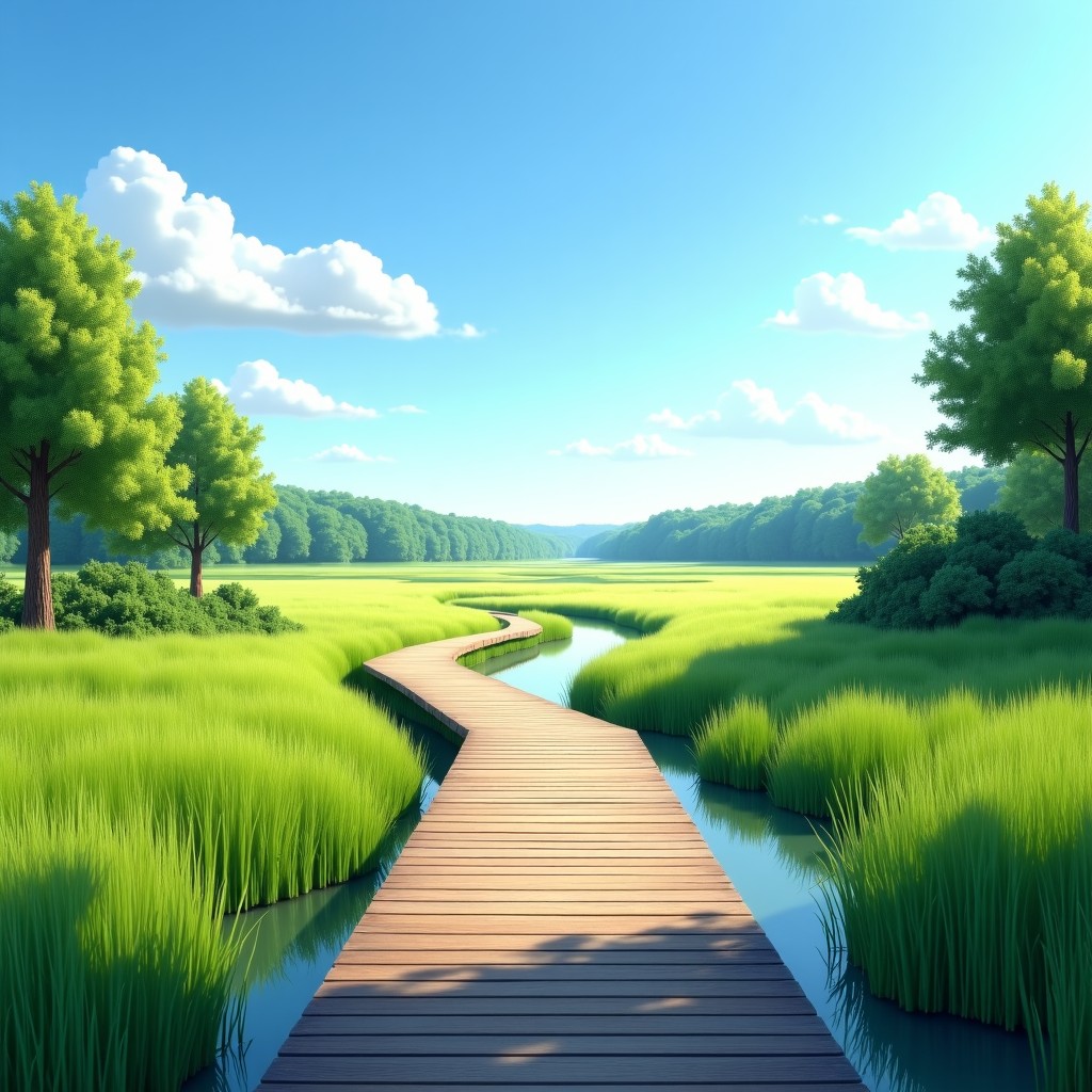 A wide and scenic view of a lush green ecological wetland park with a wooden walking path, clear blue sky, serene natural environment, realistic landscape photography, 4:3