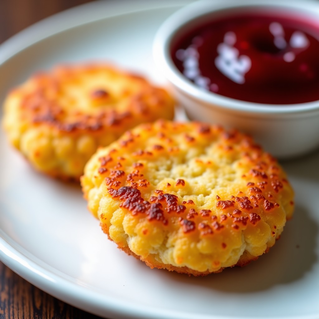 Close up of a golden breaded cutlet with a small bowl of red raspberry jam on a white ceramic plate. Soft natural lighting focusing on the texture of the breading and the vibrant color of the jam. 4:3