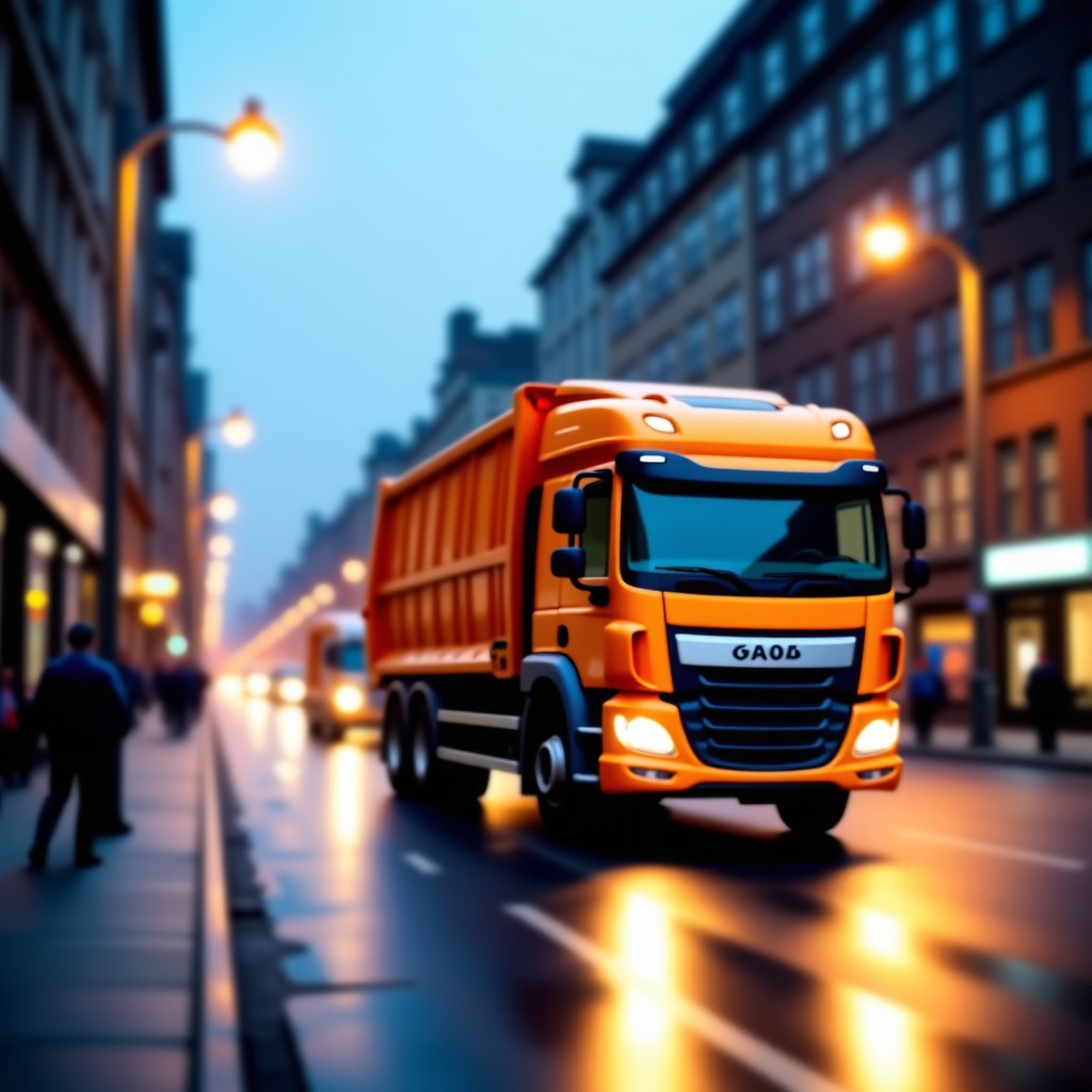 A waste collection truck operating in a modern city street at dawn with streetlights, high quality photography, 4:3