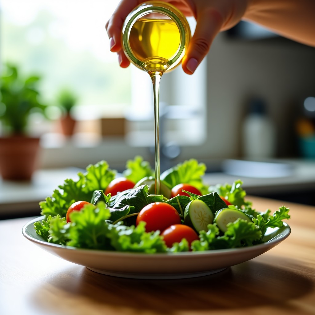 A fresh green garden salad with various vegetables being drizzled with clear light oil, bright and clean kitchen background, realistic lifestyle photography, 4:3