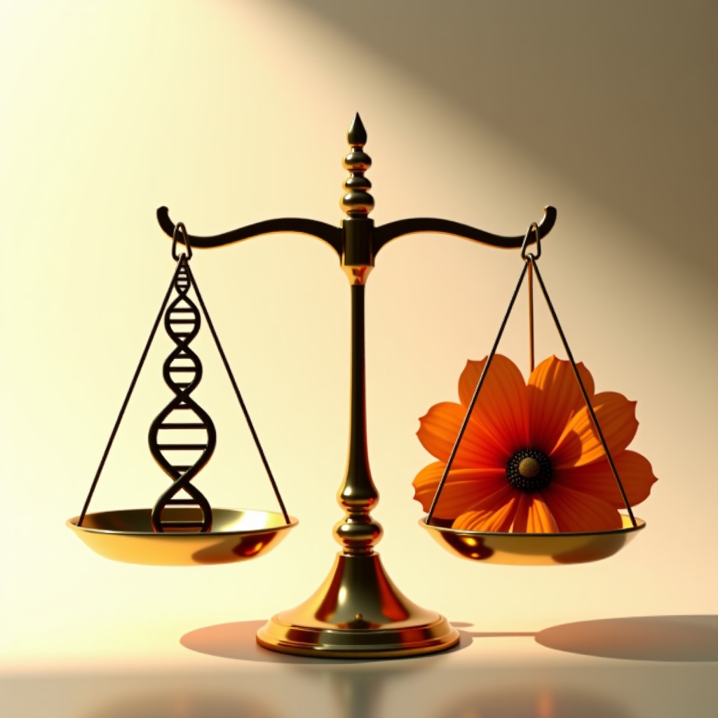 A conceptual still life image featuring a vintage golden scale. On one side, a simple DNA structure model, and on the other side, a vibrant blooming flower. Set against a soft gradient background, elegant composition, symbolic of the balance between biology and society. 1:1
