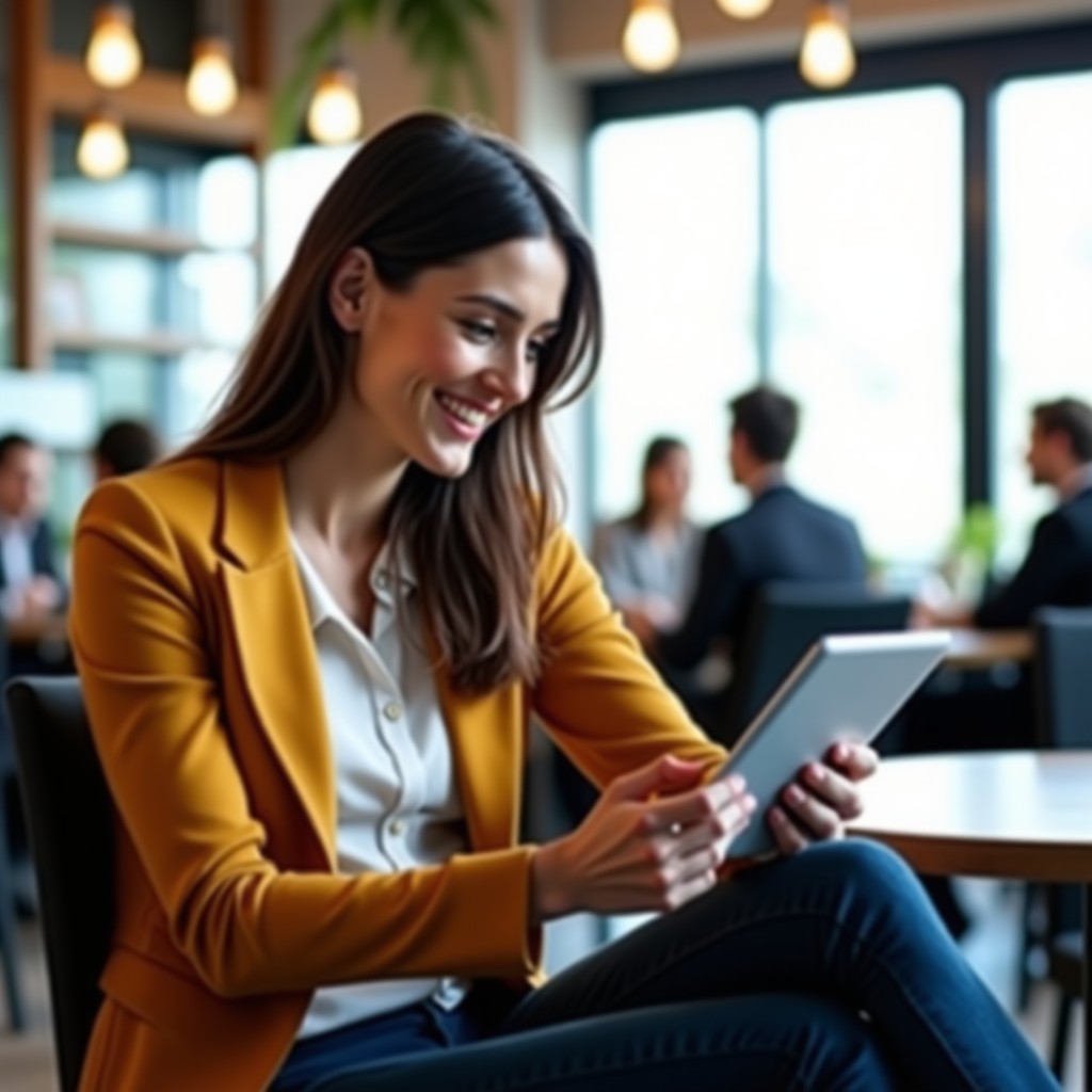 A professional-looking person sitting comfortably in a bright office cafe, smiling slightly while looking at a tablet, relaxed pose, clean and bright lighting. 4:3