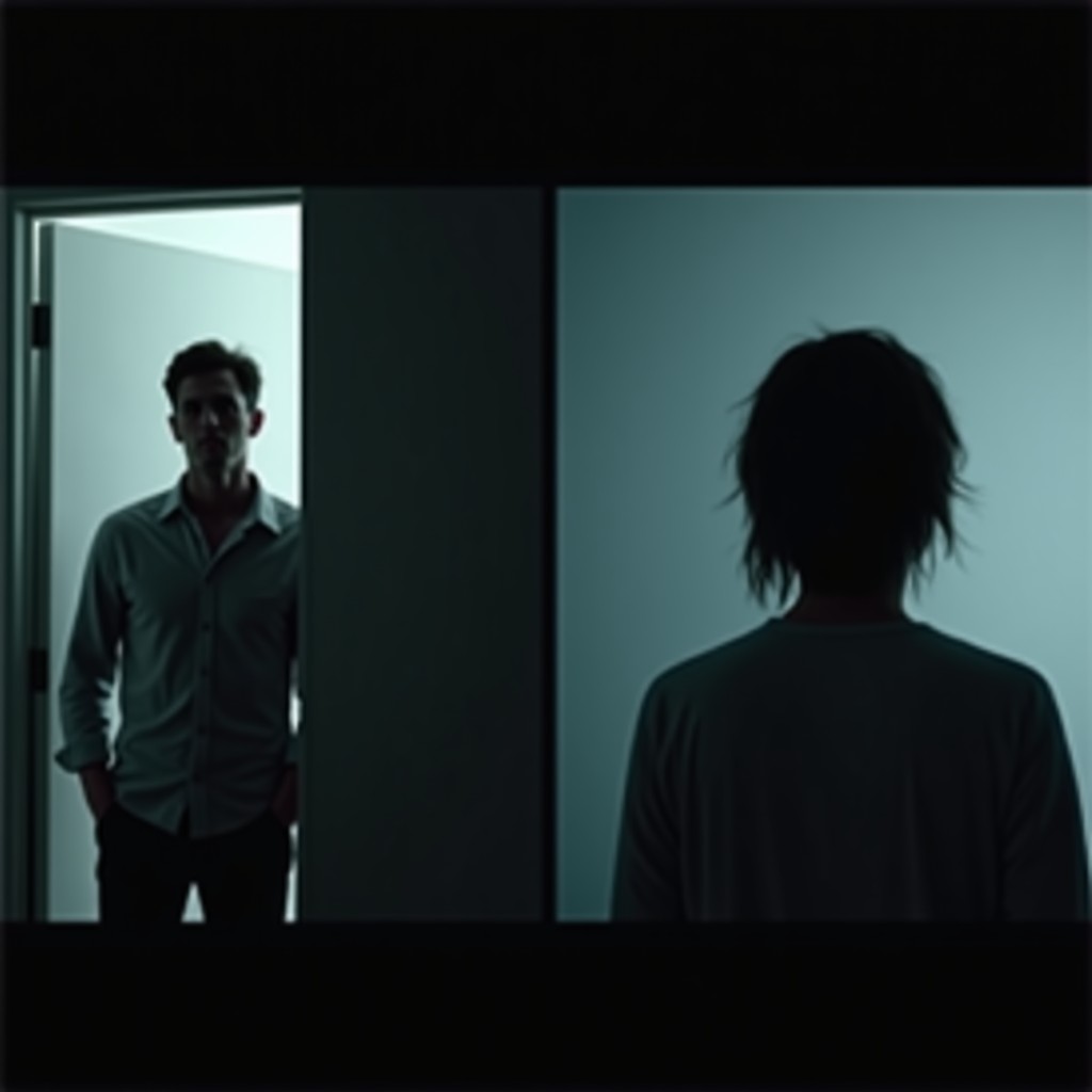 A split screen showing a person looking frustrated in a dark room and another person looking away in silence, dramatic shadows, realistic photography style, emotional distance, 4:3