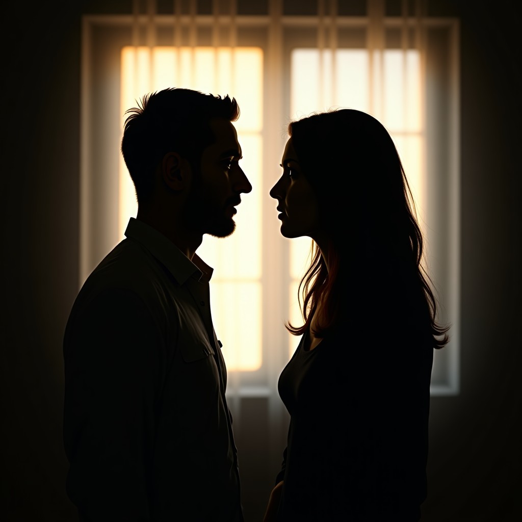 Silhouette of a man and a woman facing each other in a dimly lit room, moody atmosphere, symbolic of relationship struggles, realistic photography style. 4:3
