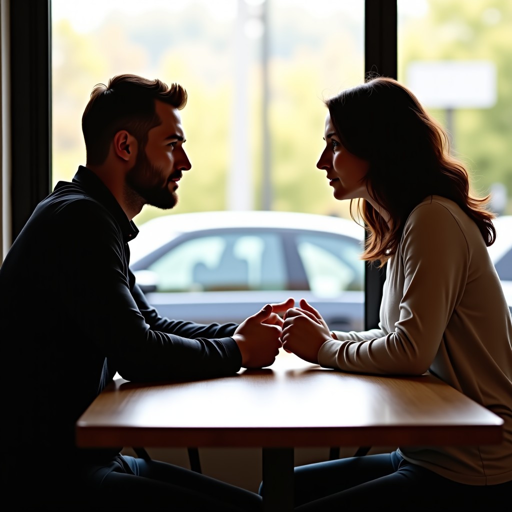 A man and a woman sitting at a table in a bright cafe, attempting to have a serious conversation. Natural sunlight coming through the window, blurred background. Realistic photography. 1:1