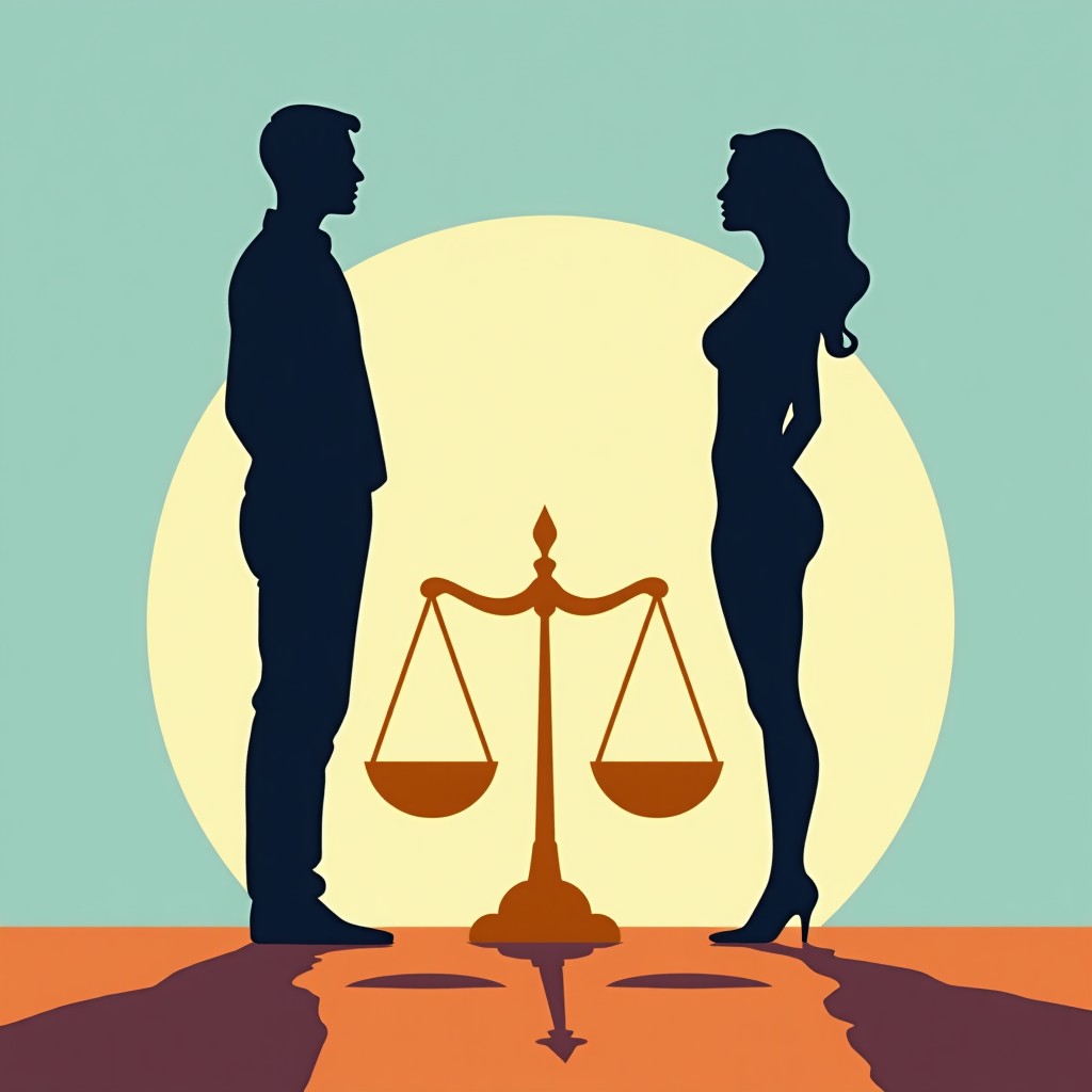 A symbolic illustration showing two human silhouettes of different genders facing each other in perfect balance. A golden scale is subtly integrated in the background. The lighting is bright and soft with a clean gradient background of blue and orange. High resolution, modern flat design style. 4:3