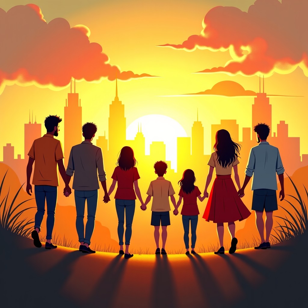 A conceptual illustration of diverse people holding hands and walking toward a bright horizon. The background features a sun rising over a modern city. Artistic digital painting style with textured brush strokes. Warm and hopeful golden hour lighting. 4:3