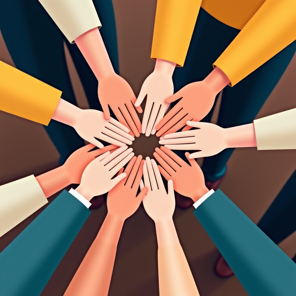 Diverse people holding hands together in a circle, top view, representing unity and social support, warm and natural lighting, 4:3
