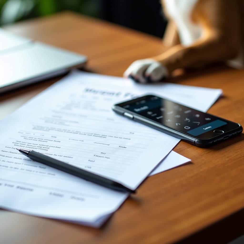 A detailed composition of a wooden table with some documents, a pen, and a smartphone showing a pet app. A dog's paw is visible at the edge of the table. Natural lighting, organized and clean atmosphere, 4:3