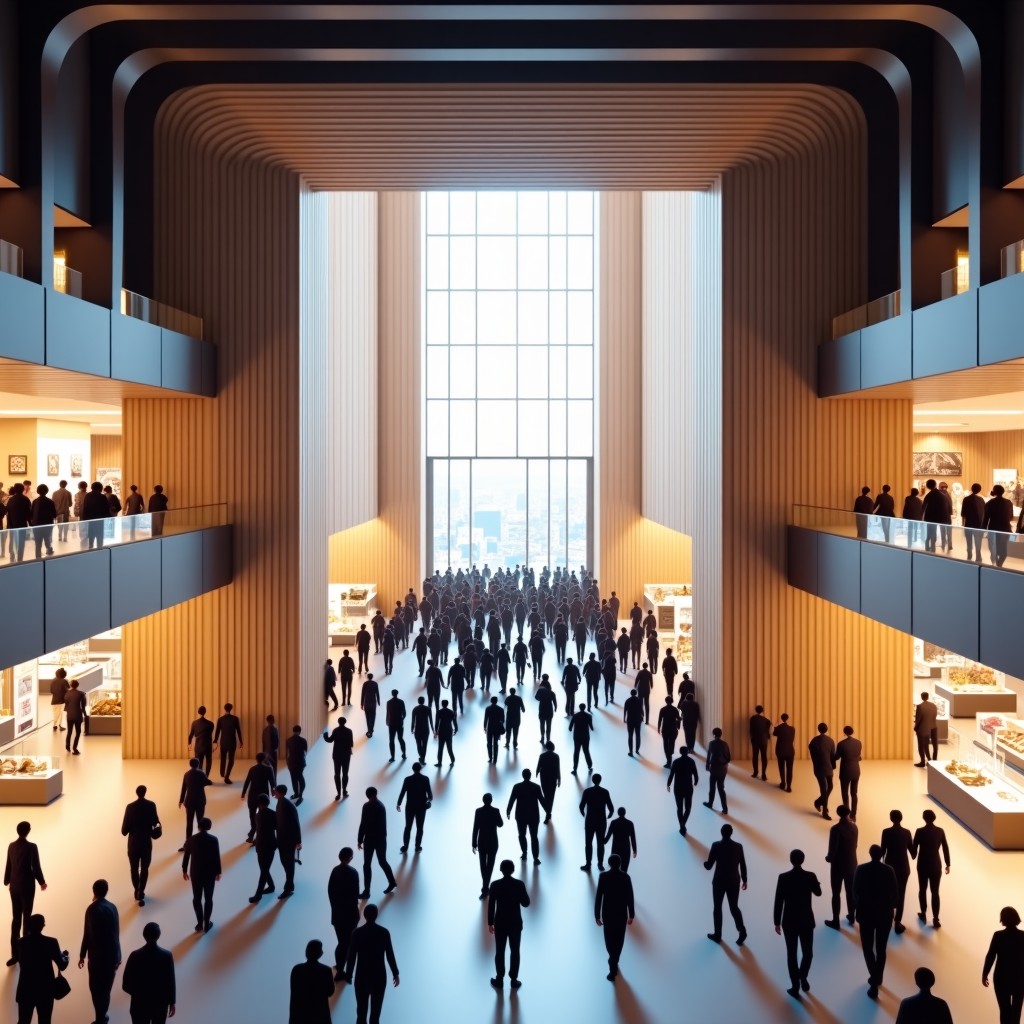 High-angle wide shot of the bustling entrance of Seoul Living Design Fair at COEX, modern architecture, crowds of people walking into the exhibition hall, bright and sophisticated atmosphere, 4:3