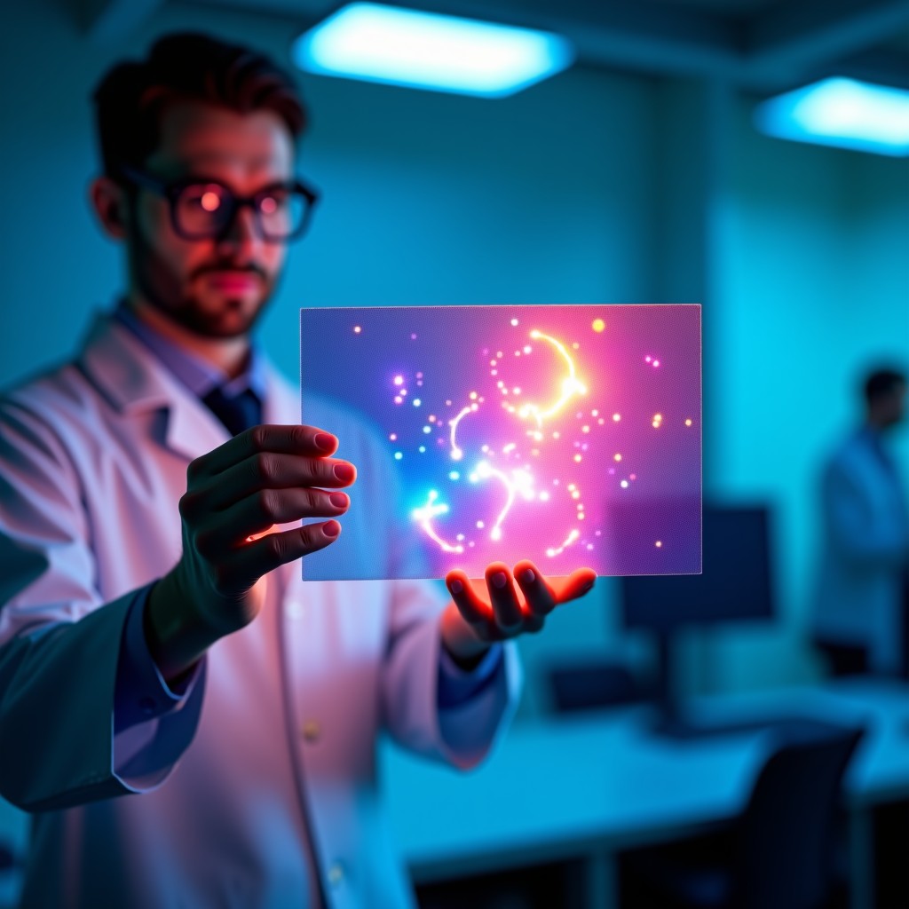 A macro shot of a futuristic flexible display panel showing ultra-vivid colors and high brightness, held by a scientist in a cleanroom, soft bokeh background, high contrast, crisp details. 4:3