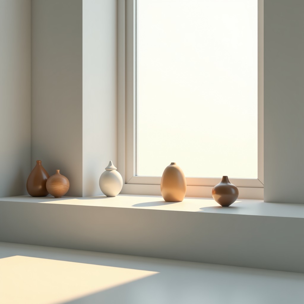 Minimalist interior design showing a white shelf with several designer toys arranged neatly, soft natural light from a window, 1:1