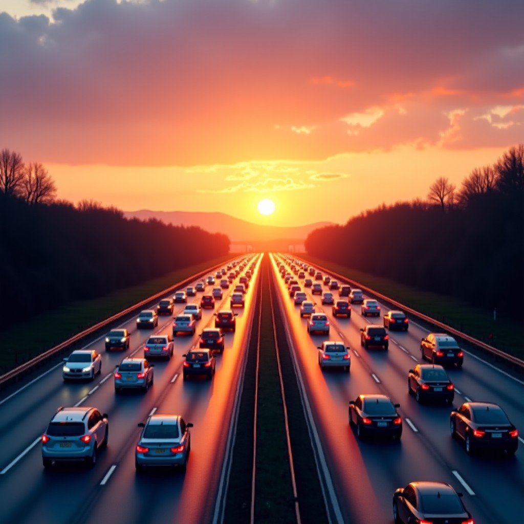 A busy highway in Korea during sunset with many cars moving towards the horizon, warm orange and purple sky, modern infrastructure, high quality photography, 4:3