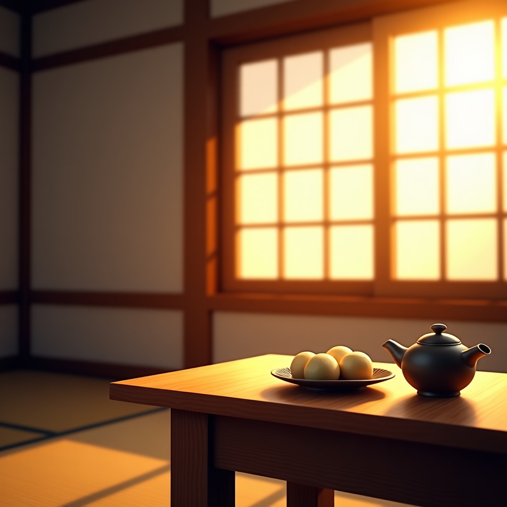 High quality lifestyle photography of Korean traditional house Hanok interior, warm sunlight coming through paper windows, a small wooden table with traditional tea and rice cakes, warm and peaceful atmosphere, 4:3