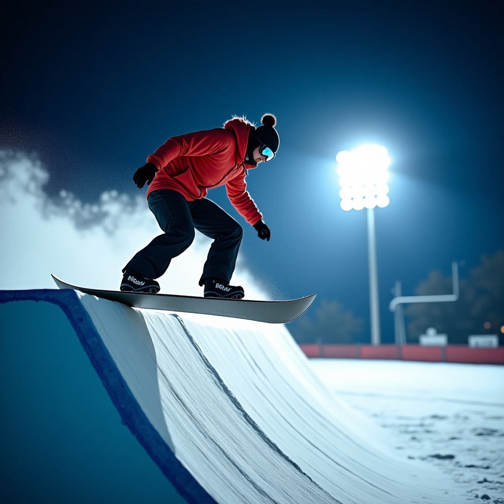 A professional female snowboarder performing a high-altitude jump in a snowy halfpipe under bright stadium lights at night, cinematic lighting, 4:3