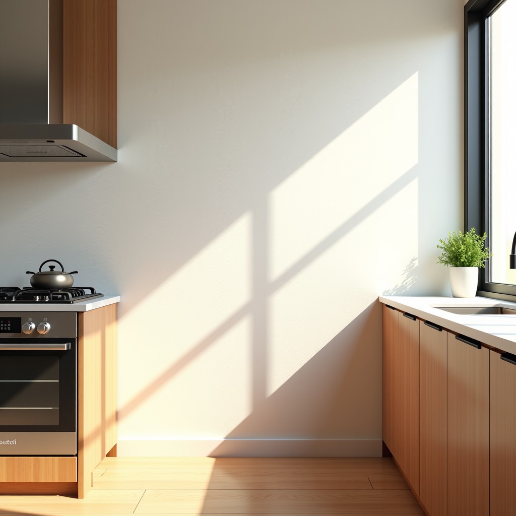 A beautifully finished wall with textured off-white fiber wallpaper in a cozy modern kitchen, no mold, clean and healthy atmosphere, interior photography, soft morning light. 4:3