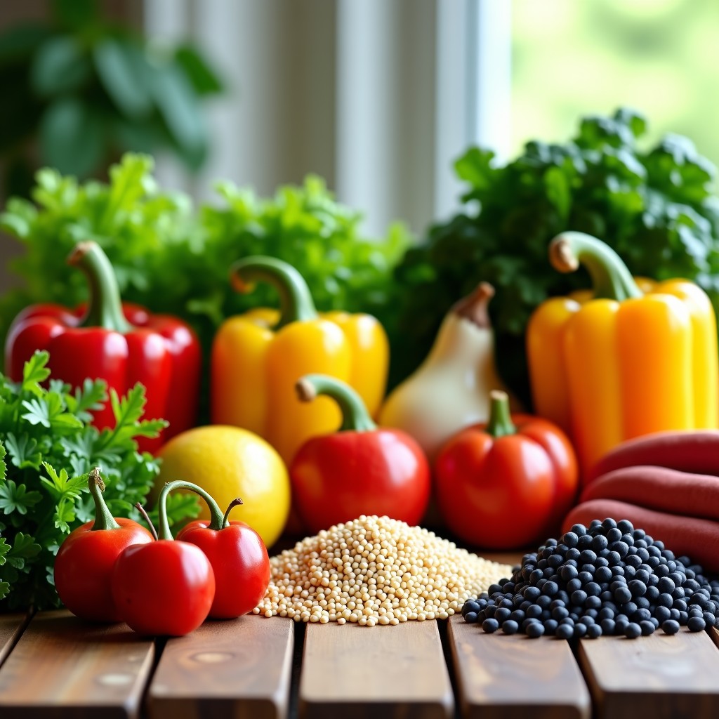 A variety of colorful fresh vegetables, fruits, and whole grains on a wooden table, bright natural daylight, high contrast, 1:1