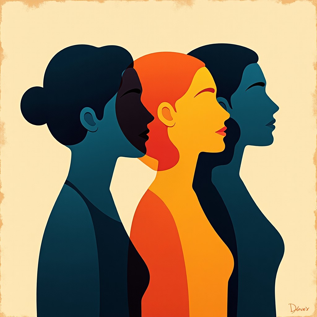 Artistic illustration showing various abstract shapes intertwining, representing the harmony of different personalities, textured background, warm and cool color mix, 1:1