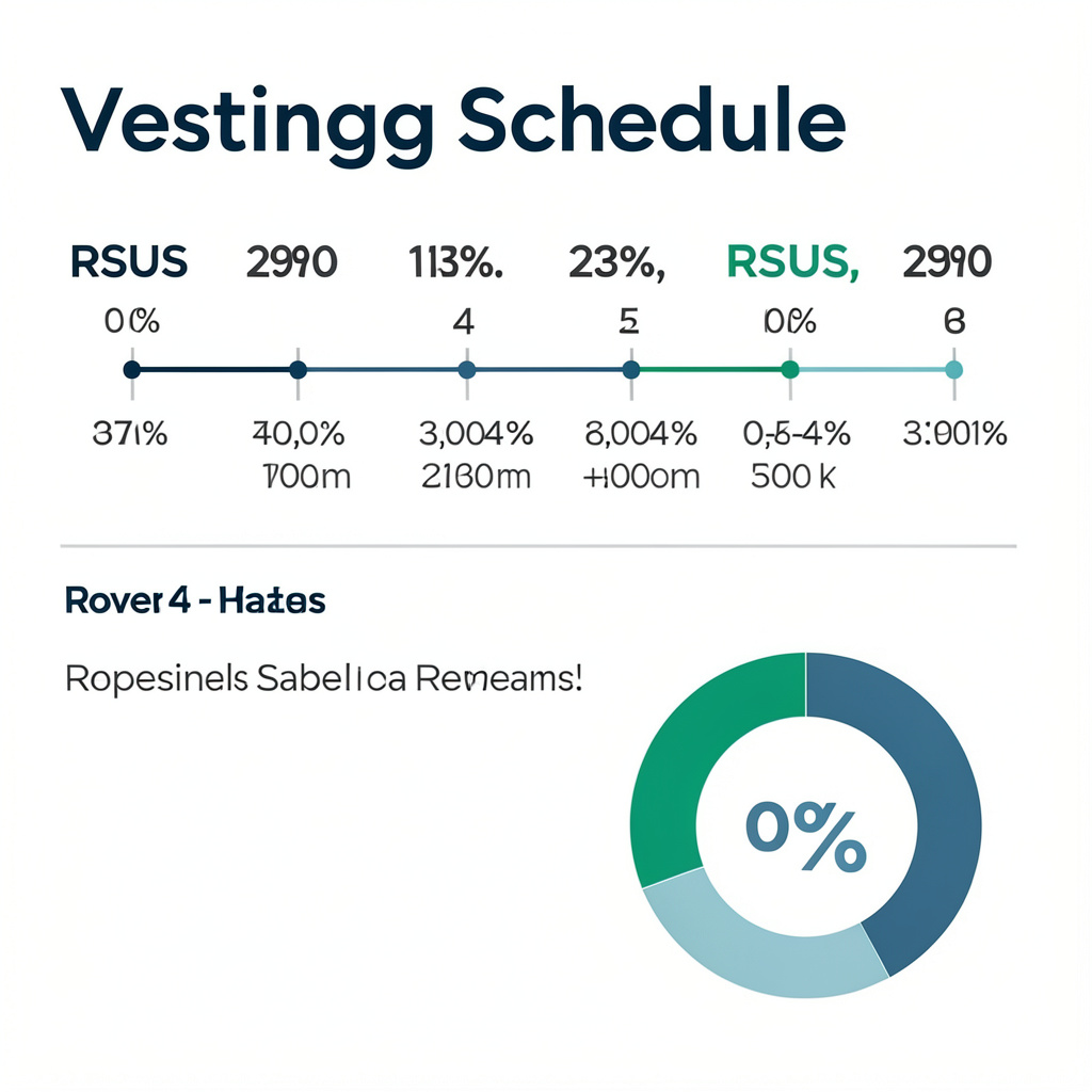 A clean infographic showing the vesting schedule of RSUs over four years, with a timeline and a percentage chart, 1:1