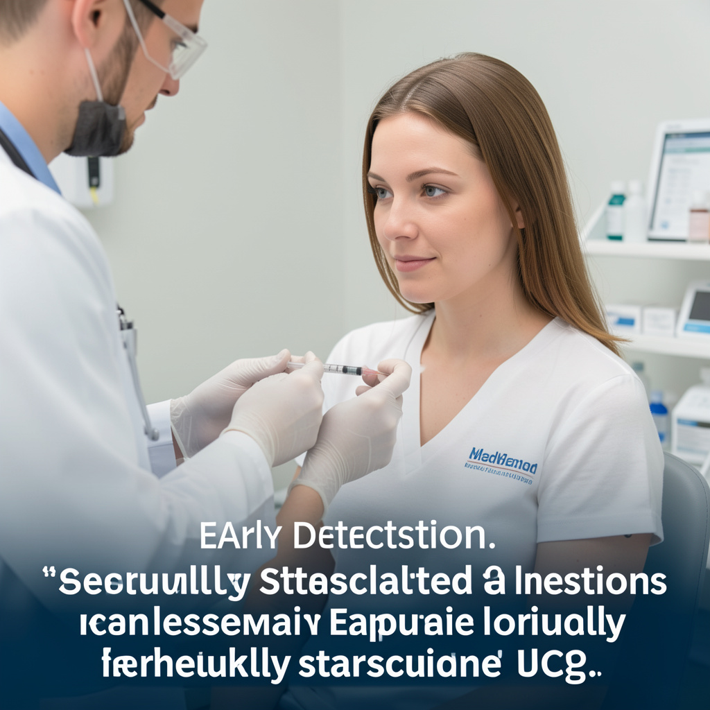 A person undergoing a medical examination for sexually transmitted infections, emphasizing the importance of early detection, in a 4:3 aspect ratio