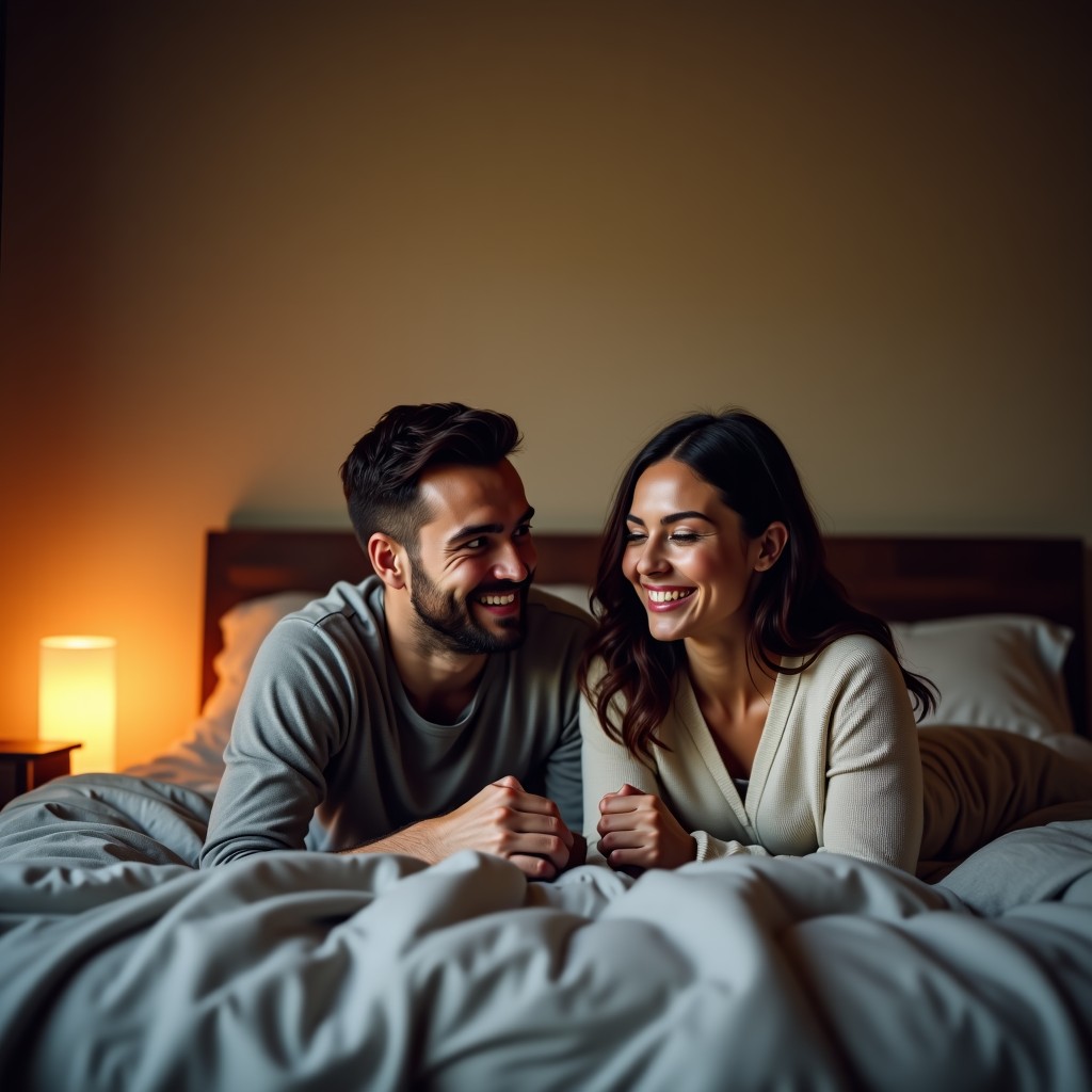 A man and a woman smiling together in a cozy bedroom setting, with soft lighting and a sense of intimacy. The image should feel warm and hopeful. Aspect ratio: 1:1