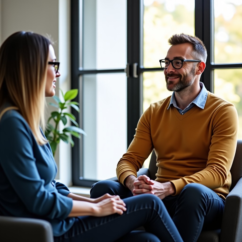 A man and a woman sitting together in a counseling room, looking relaxed and engaged in conversation. The setting is warm and professional. Aspect ratio: 4:3