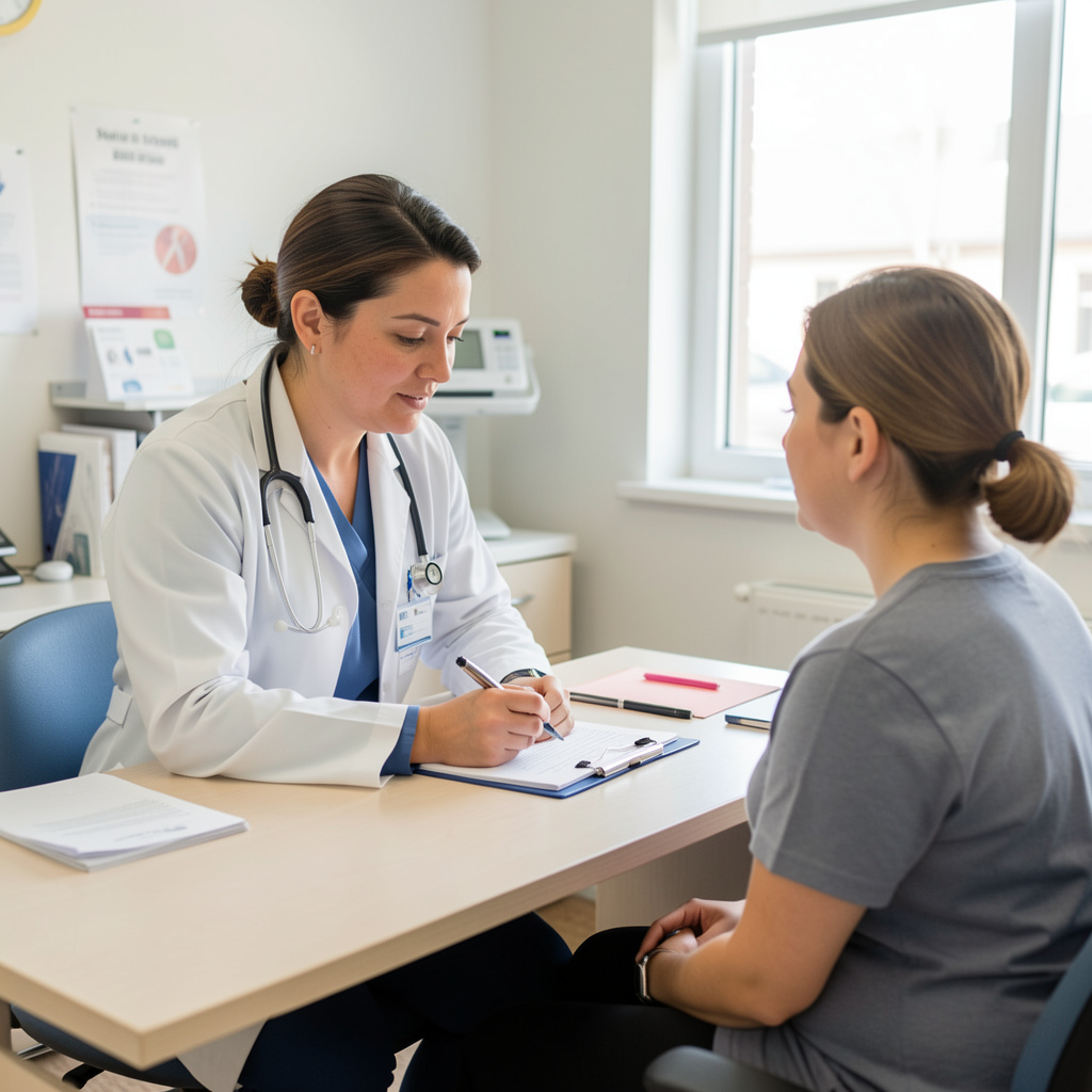 A doctor examining a patient in a clinic, with a focus on the consultation process for sexually transmitted infections, in a 4:3 aspect ratio