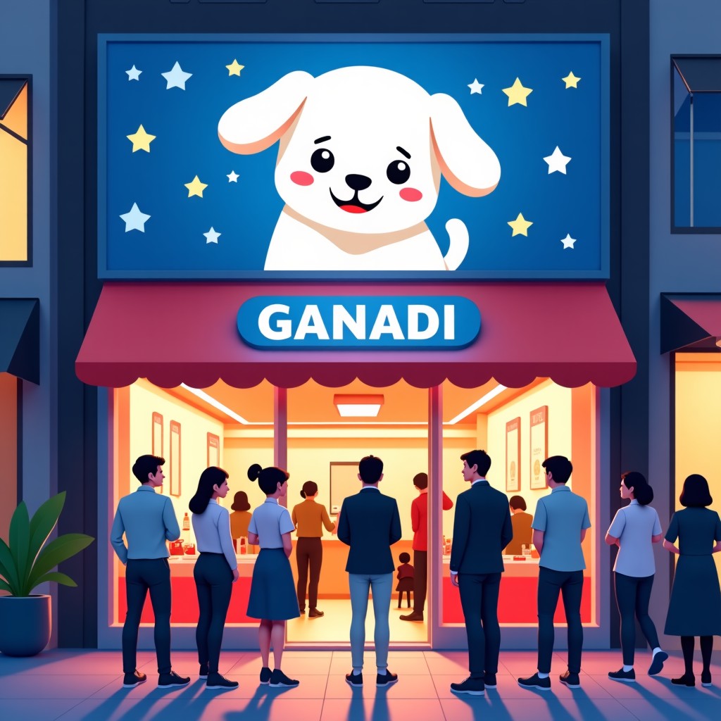 A trendy pop-up store entrance in Seongsu-dong Seoul featuring a cute white puppy character named Ganadi. The theme is angels and devils with blue and red decorations. People are lining up in a modern urban street setting. No text. 4:3