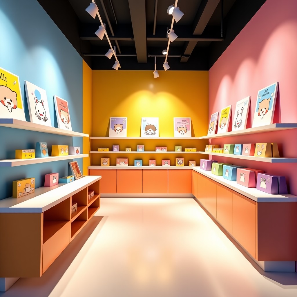 Modern and trendy character pop-up store interior in Seongsu-dong, colorful displays with cute character motifs, minimalist furniture, bright and welcoming atmosphere, wide angle, 4:3
