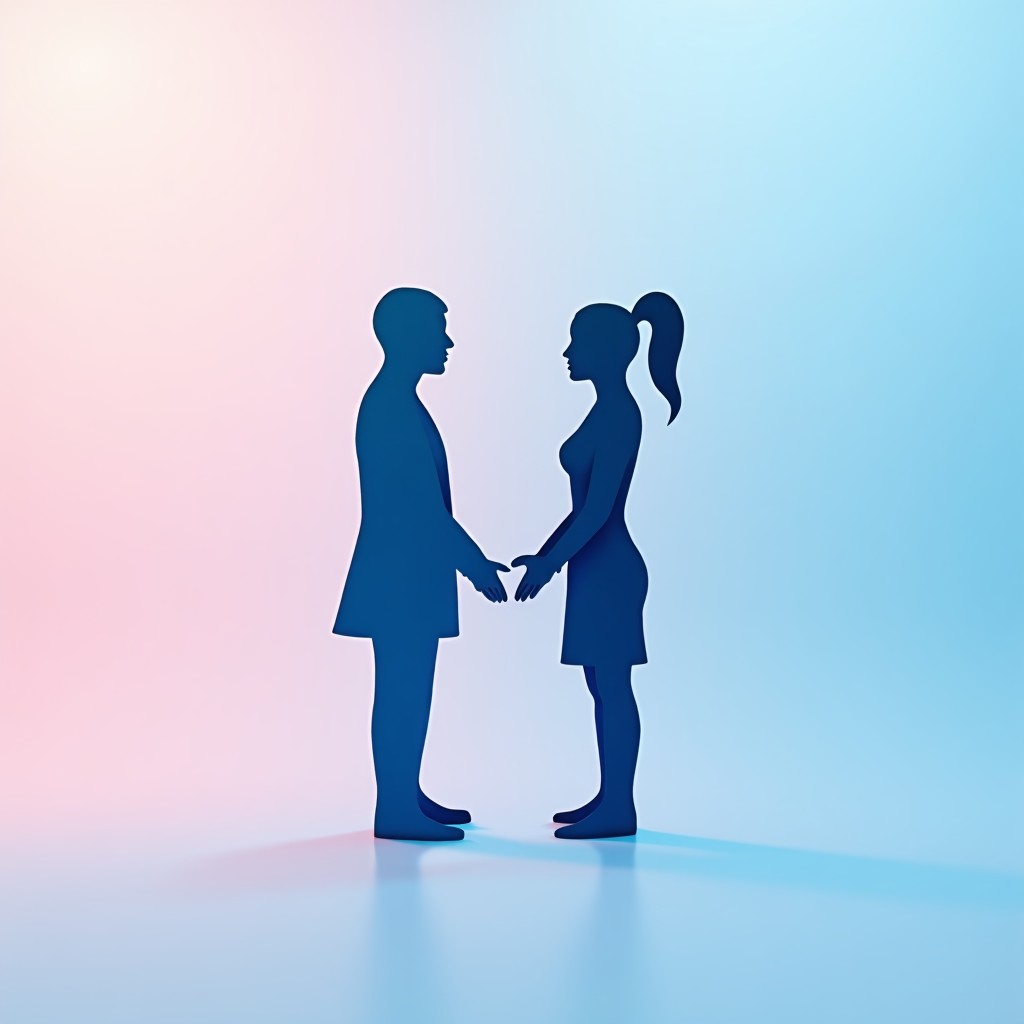 Minimalist illustration of male and female symbols merging into a centered human profile, soft blue and pink gradient background, high contrast, clean and modern layout, 1:1