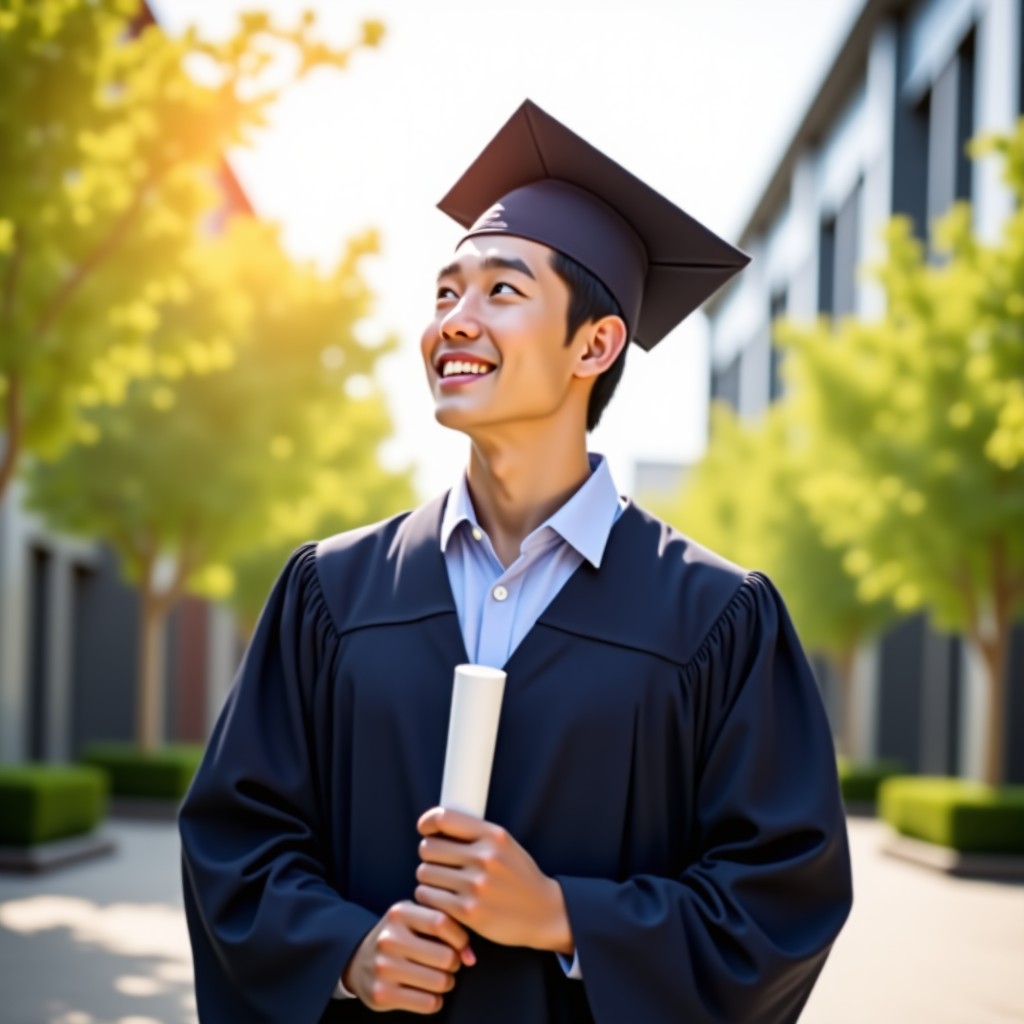 A Korean young adult in a graduation gown holding a diploma and looking at a bright future with a confident smile, campus background, sunny spring day, high quality realistic portrait, 4:3