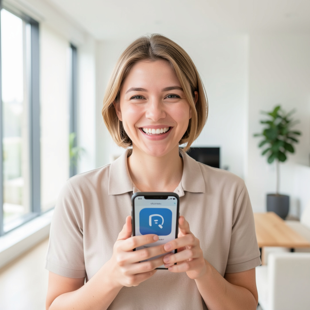 A person smiling while holding a smartphone with a safe app icon, in a bright and modern setting, 4:3